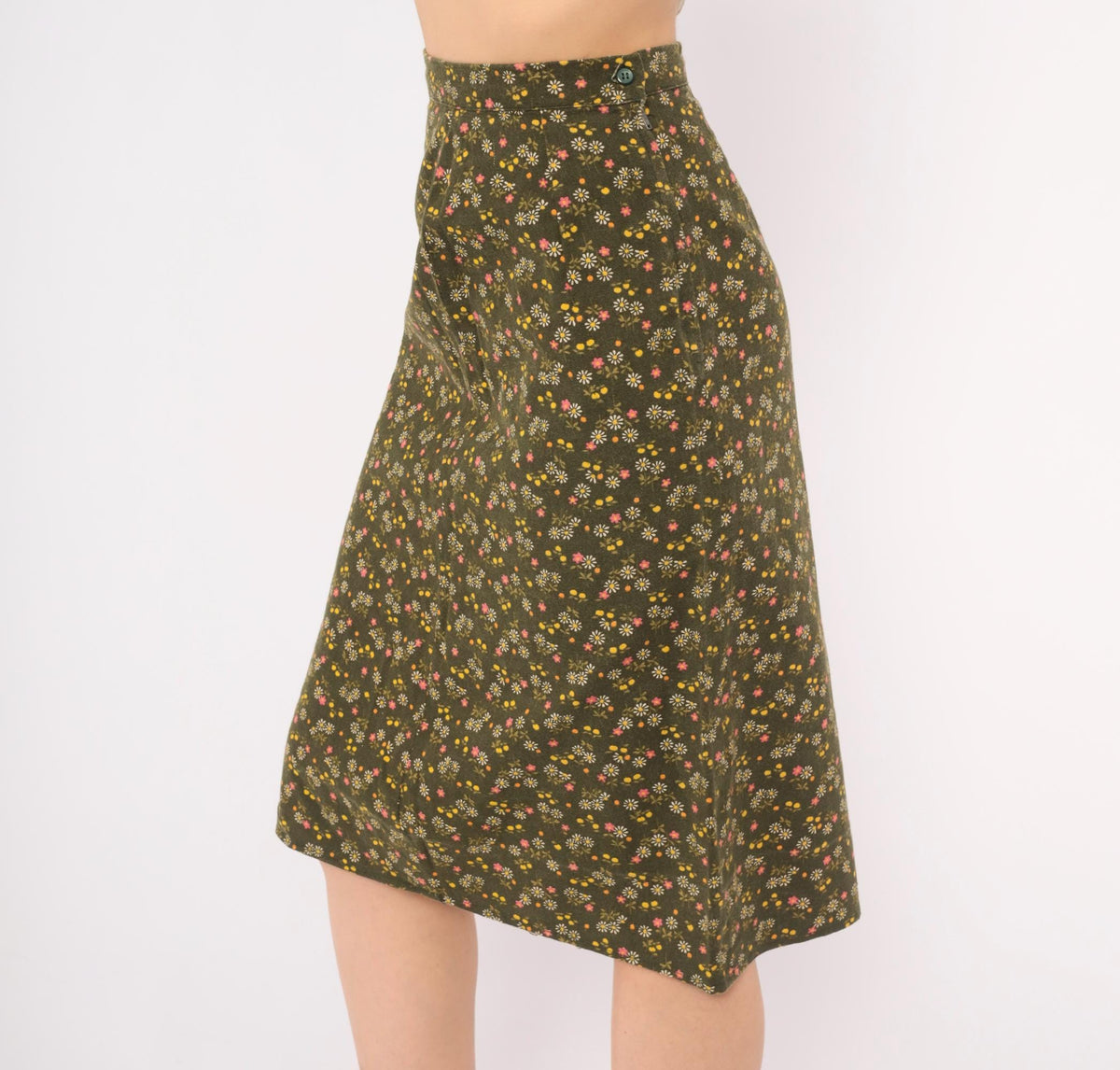 70s Olive Green Ditsy Floral A-Line Skirt High Waist Prairie Extra Small XS