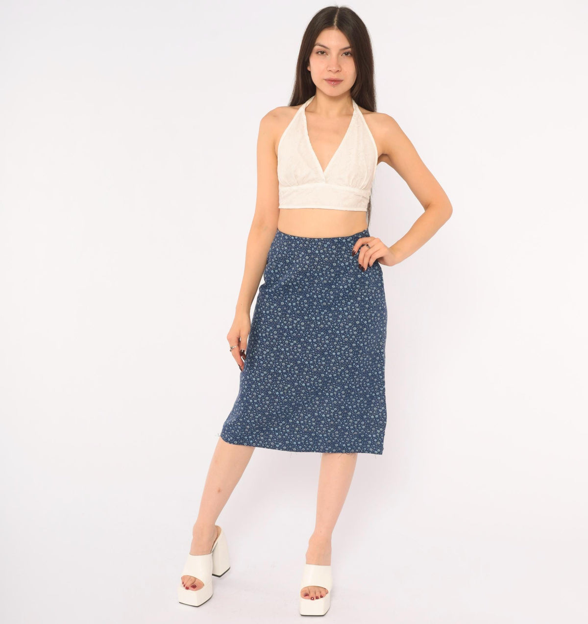 60s Navy Ditsy Floral Calico Cotton A-Line Skirt High Waist Extra Small