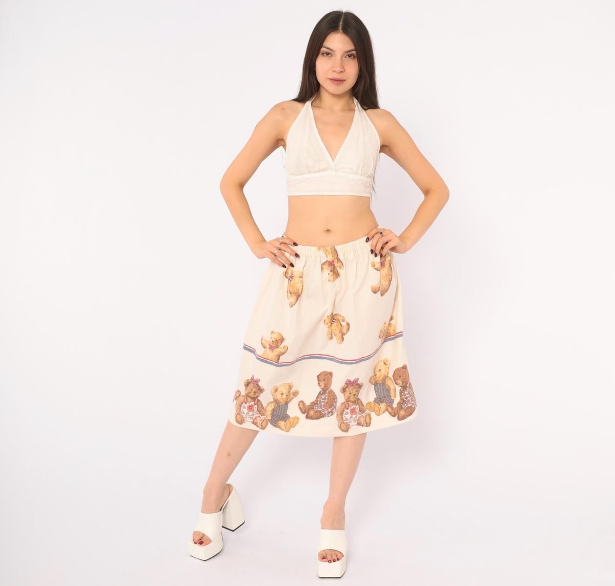 80s Teddy Bear Print Cotton Flannel Skirt Cream A-Line Medium