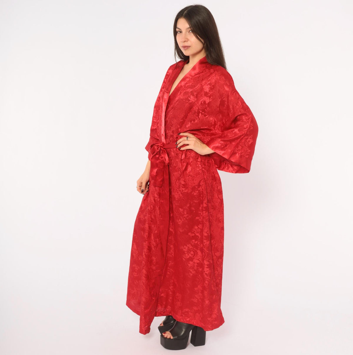 90s Contessa Di Roma Red Satin Robe Floral Jacquard Maxi Wrap Plus Size XXL