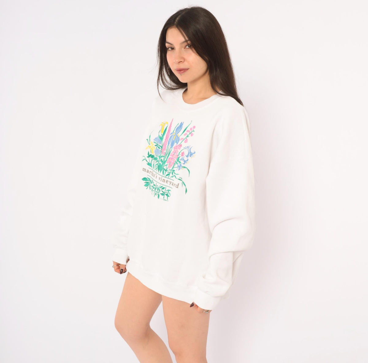 90s Lee Martha's Vineyard Floral Sweatshirt White Wildflower Graphic Large