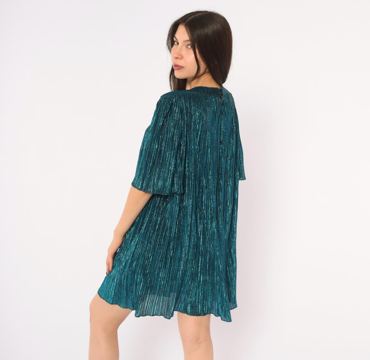 80s Risa Ann Teal Metallic Party Dress Plisse Pleated Flutter Sleeve Large