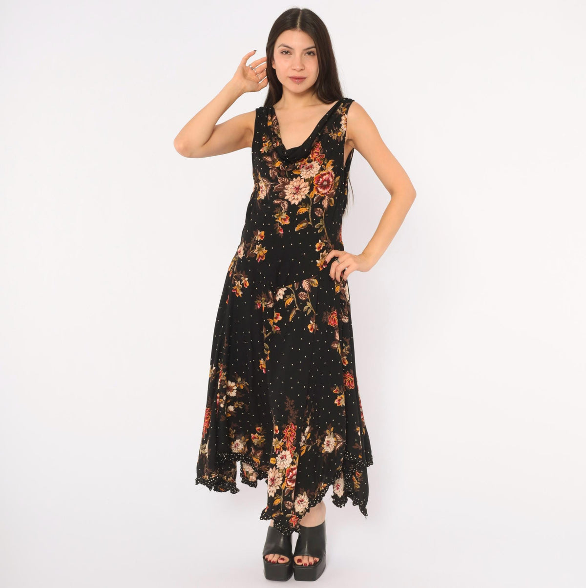 90s Black Floral Midi Dress Cowl Neck Handkerchief Hem Medium M