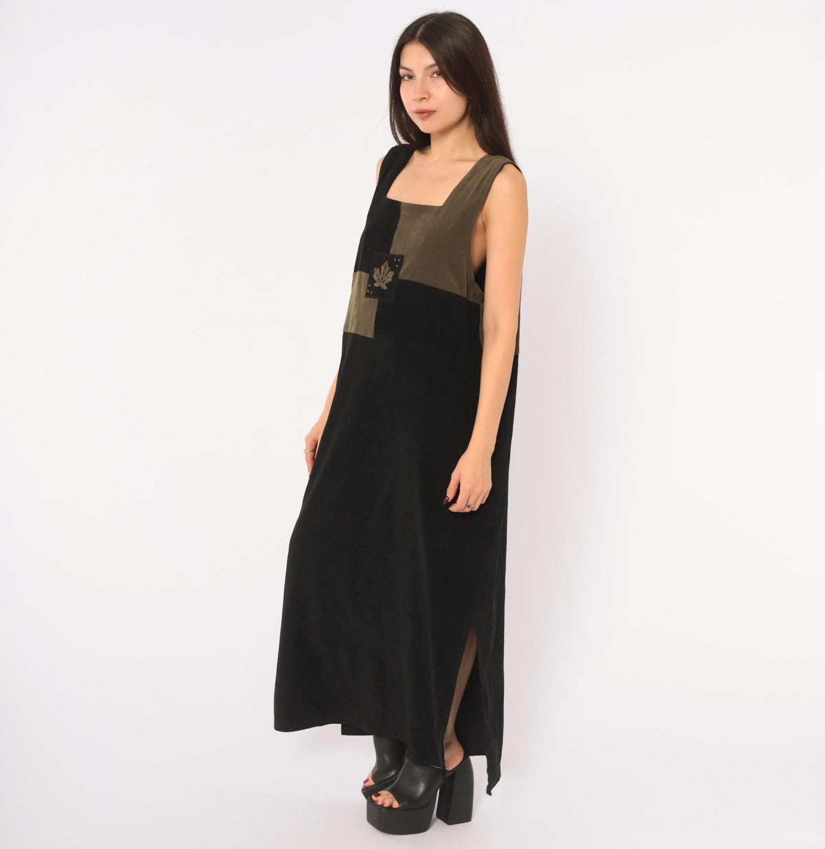 80s Jaclyn Smith Black Olive Color Block Maxi Dress Leaf Applique Extra Large XXL
