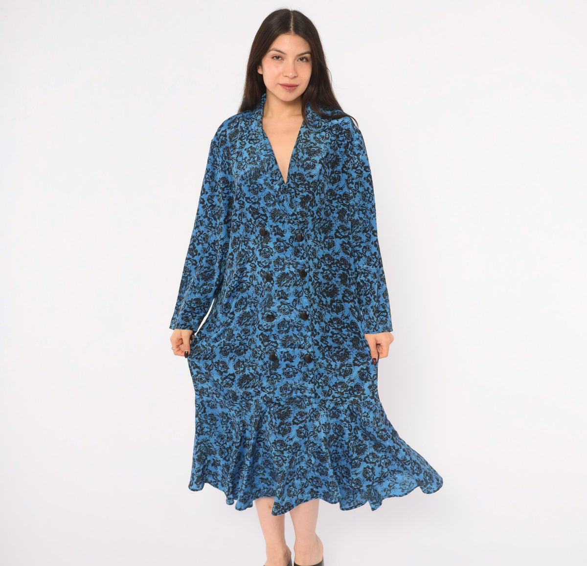 80s Très Paquette Blue Floral Midi Dress Double Breasted V Neck Extra Large