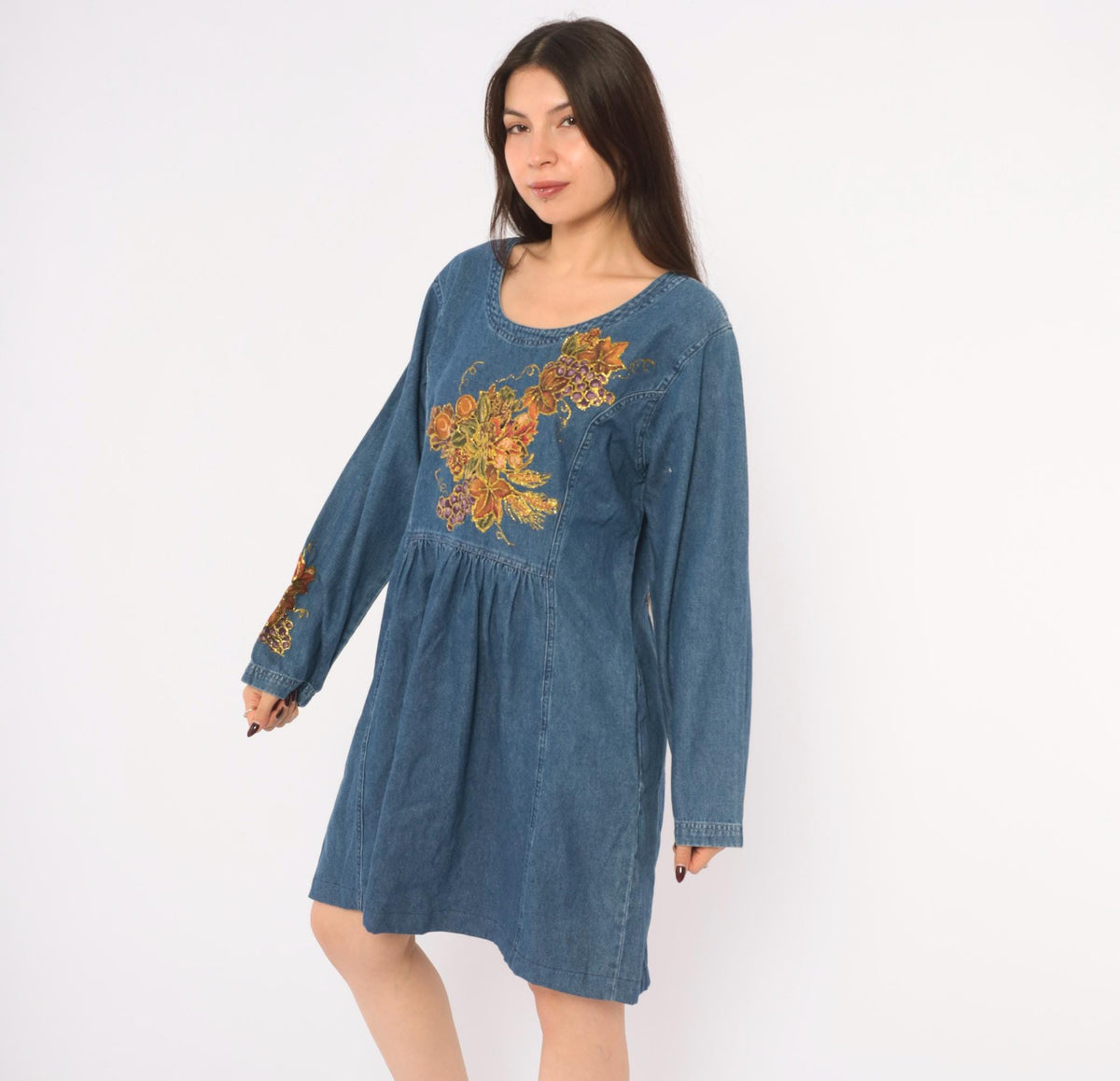 80s Sun Belt Denim Dress Hand Painted Grapes Gold Glitter Blue Cotton Large