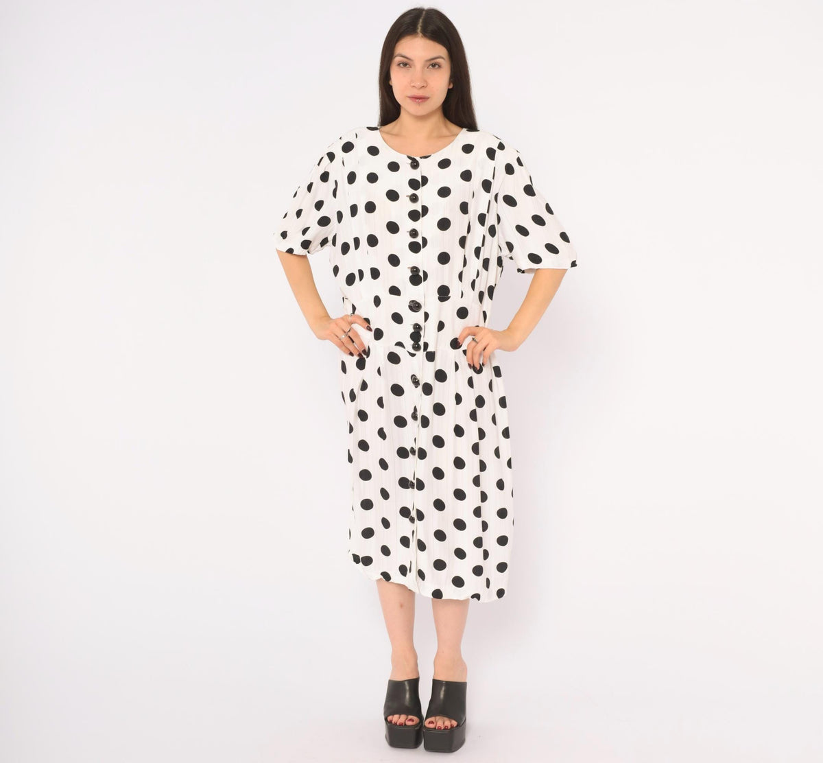 90s Success Dress Polka Dot White Black Button Front Knee Dress Extra Large