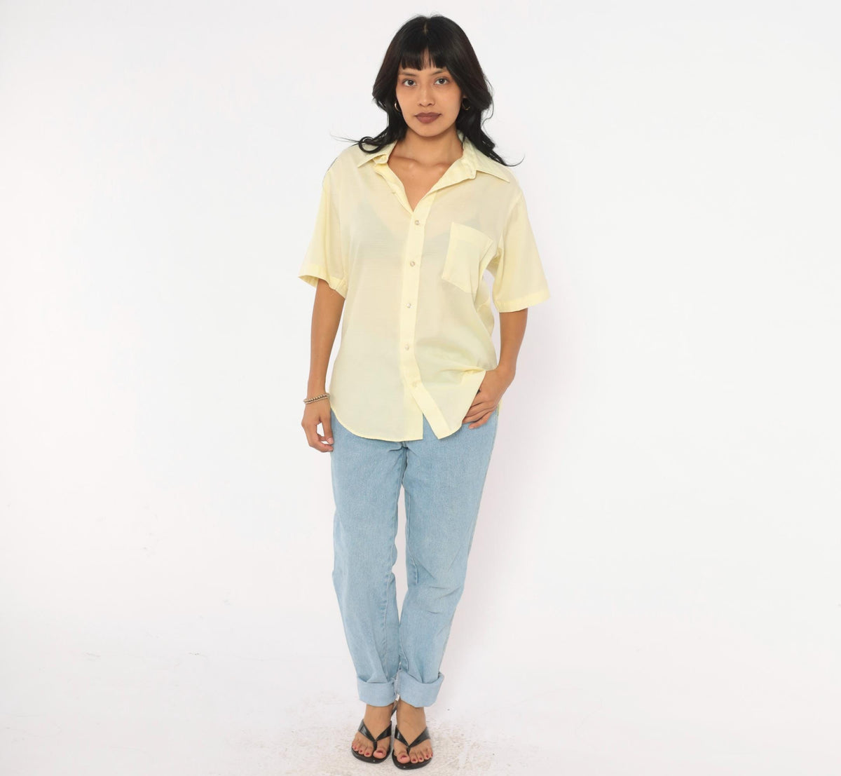 70s Dress-ups Yellow Button Up Shirt Semi Sheer Short Sleeve Pointed Collar Medium