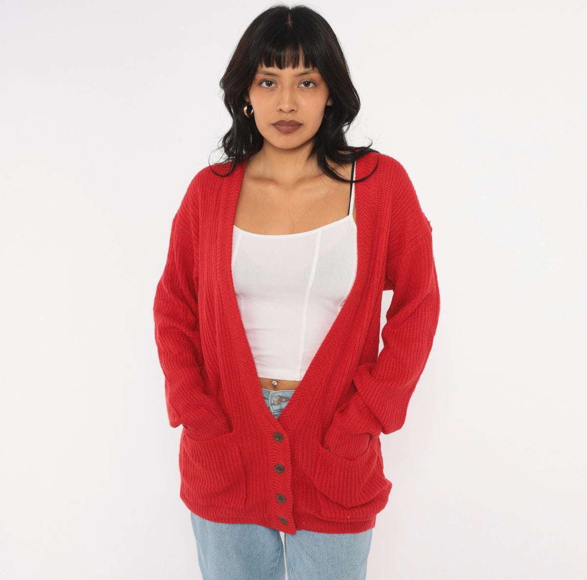 80s Steppingstones Red Chunky Knit Cardigan V-Neck Button Front Small
