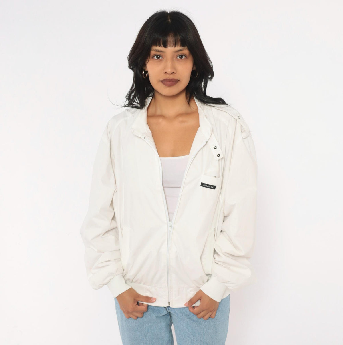 80s Members Only Bomber Jacket White Zip Front Raglan Windbreaker Small