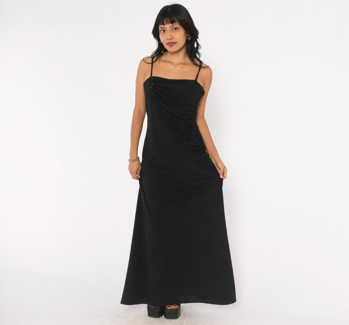 90s Scarlett Black Maxi Dress Beaded Trim Ruched Square Neck Medium M