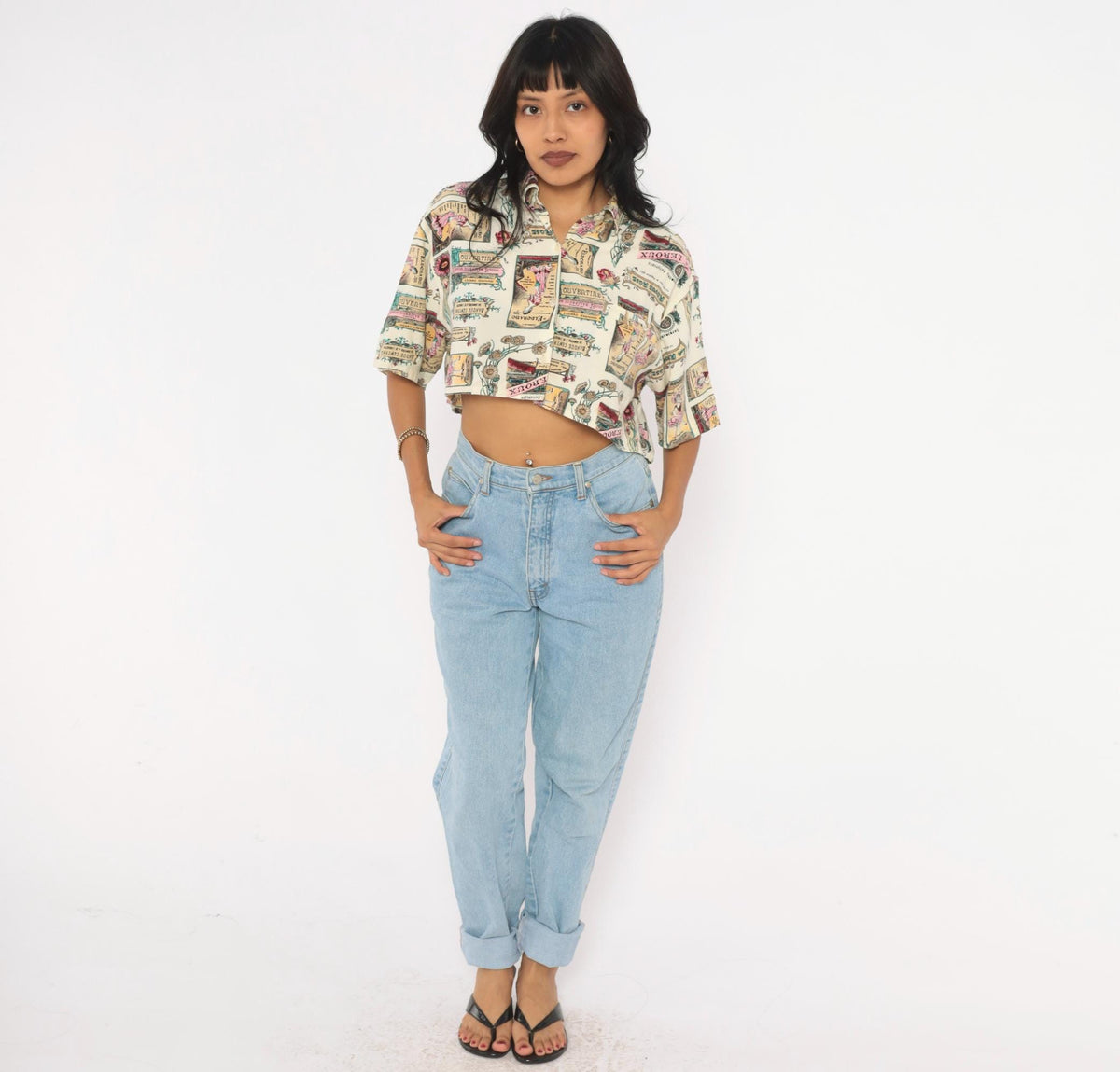 90s Jaspe Crop Top Beige Floral Poster Print Button Front Blouse Medium