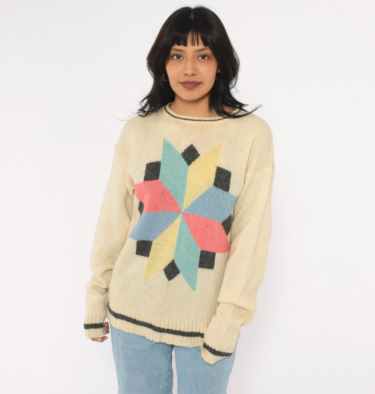 80s Cream Wool Sweater Geometric Star Pattern Knit Pink Blue Yellow Large L