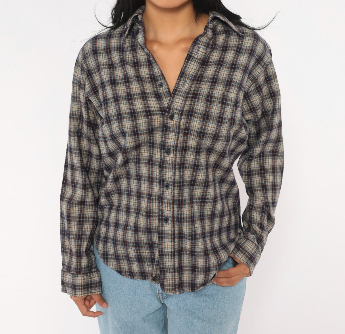 60s Sir Pendleton Wool Plaid Shirt Navy Brown Check Button Front Small