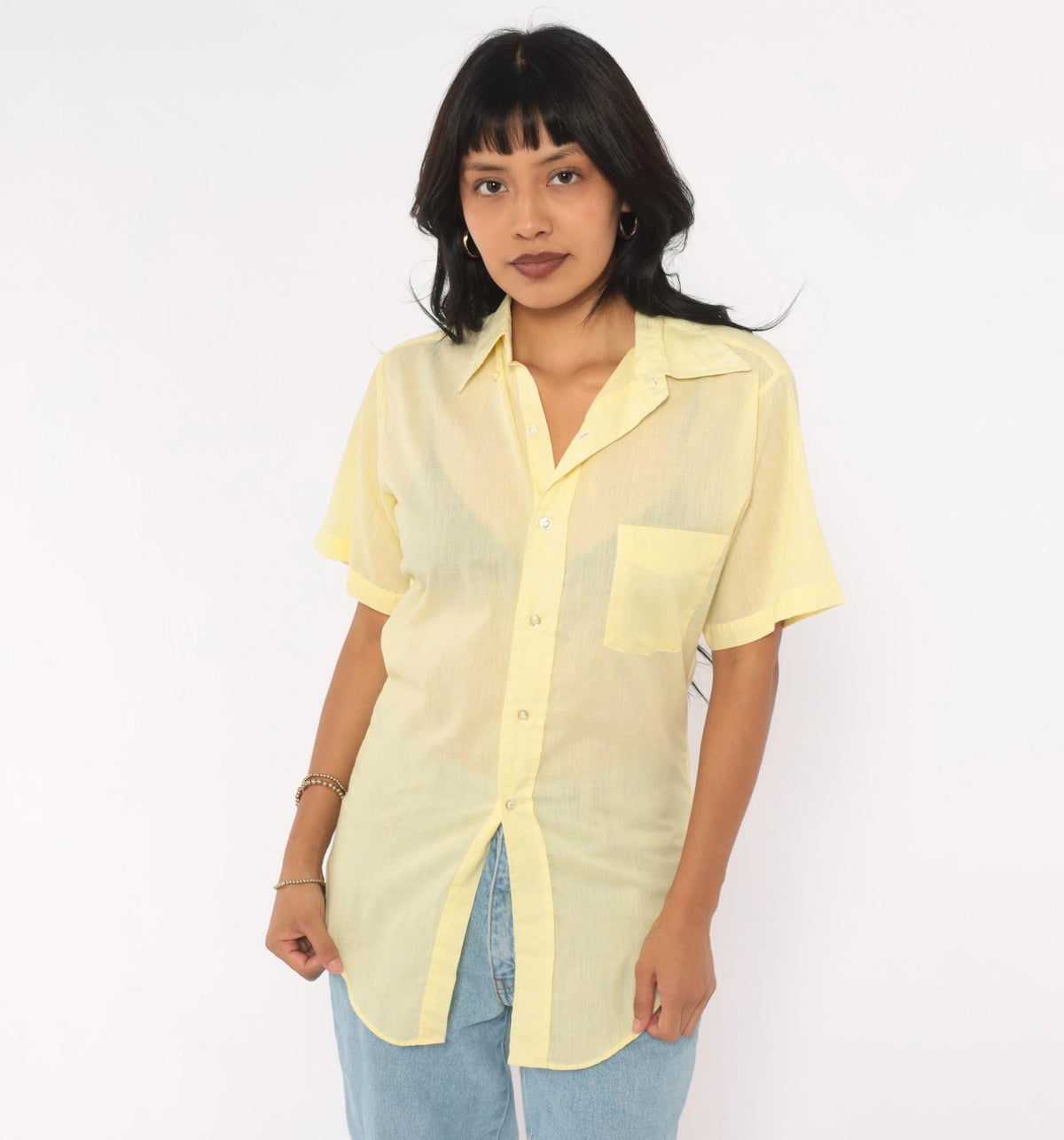 70s Yellow Cotton Button Up Shirt Short Sleeve Pointed Collar Chest Pocket Extra Small XS