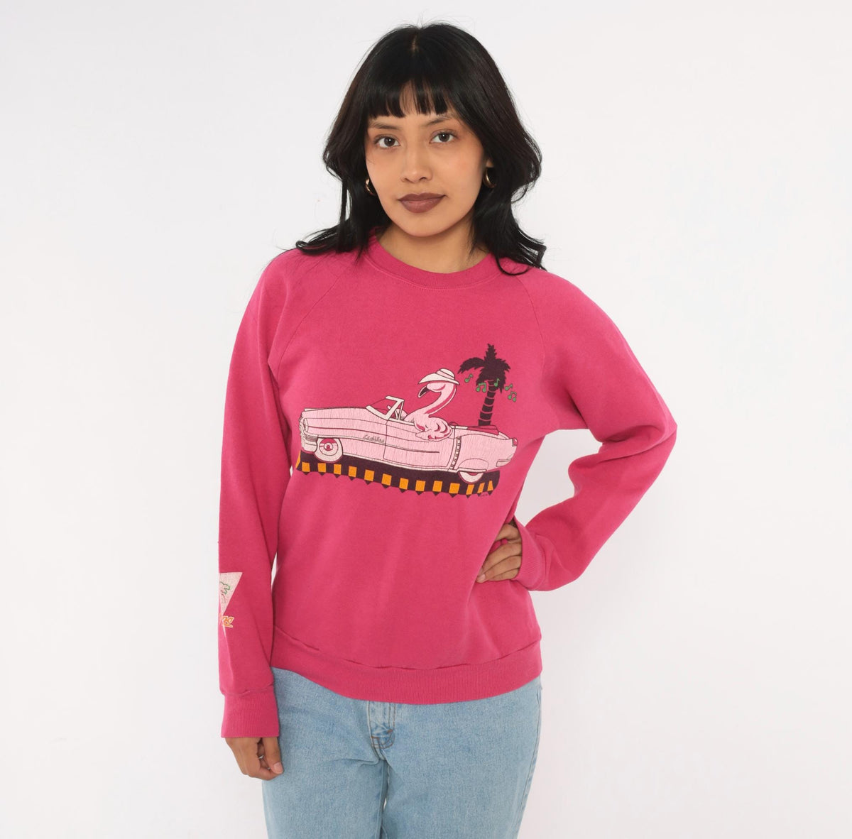90s Jerzees Flamingo Convertible Car Raglan Sweatshirt Pink Small
