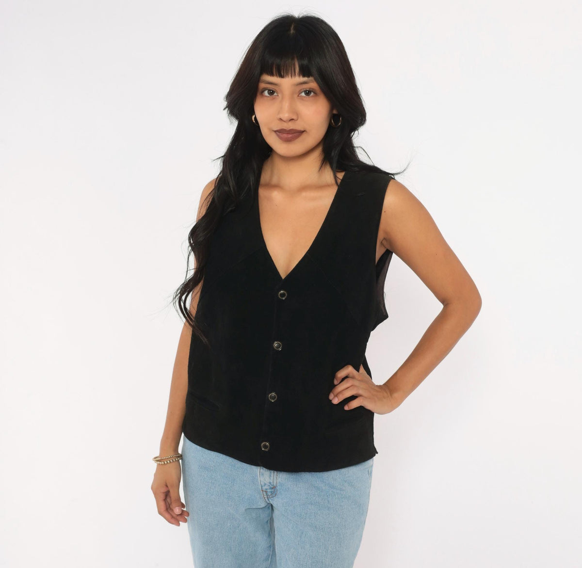 90s Black Suede Vest Deep V Snap Button Western Waistcoat Medium M