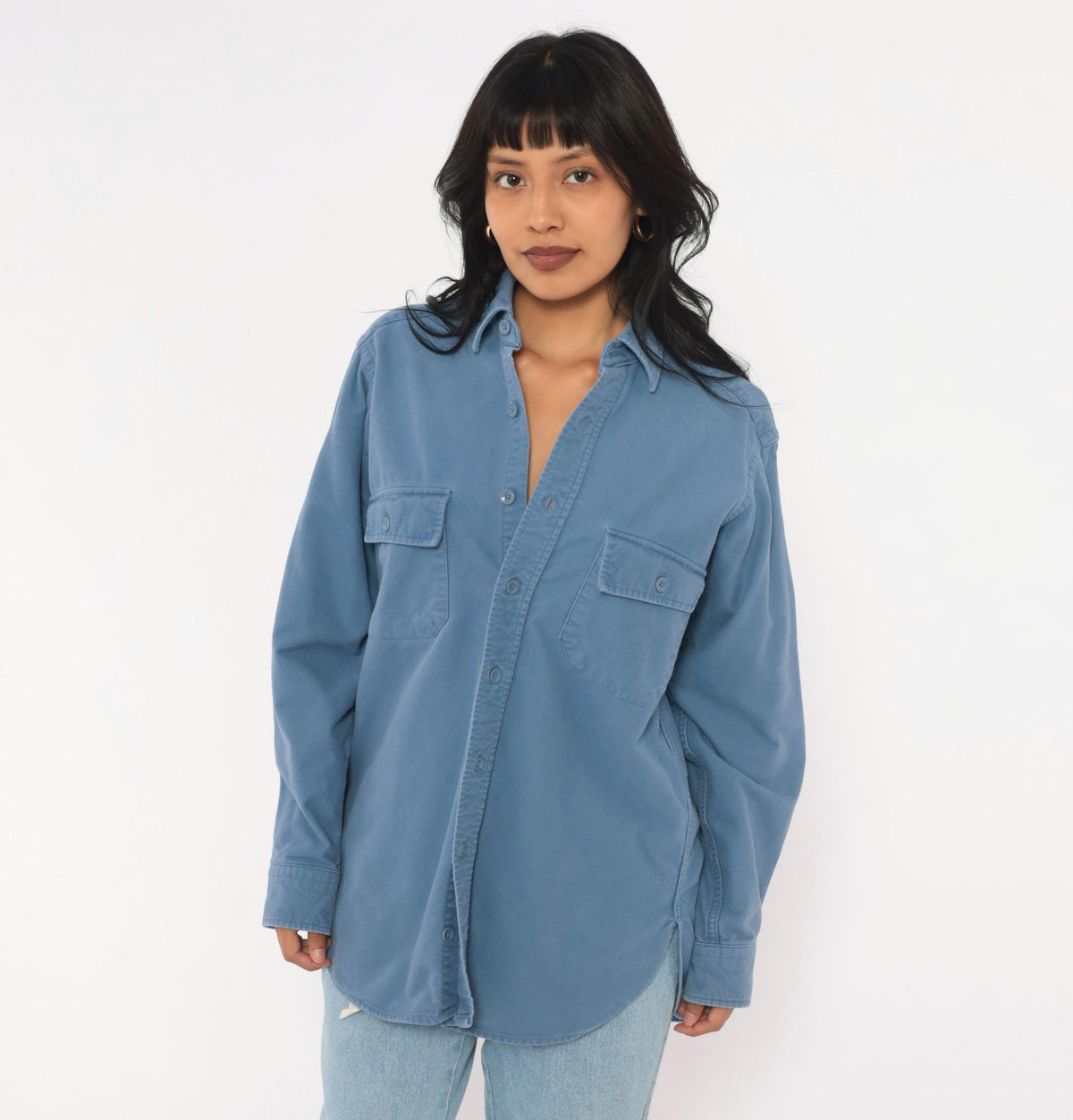 90s L.L.Bean Slate Blue Cotton Work Shirt Chest Pocket Collared Medium