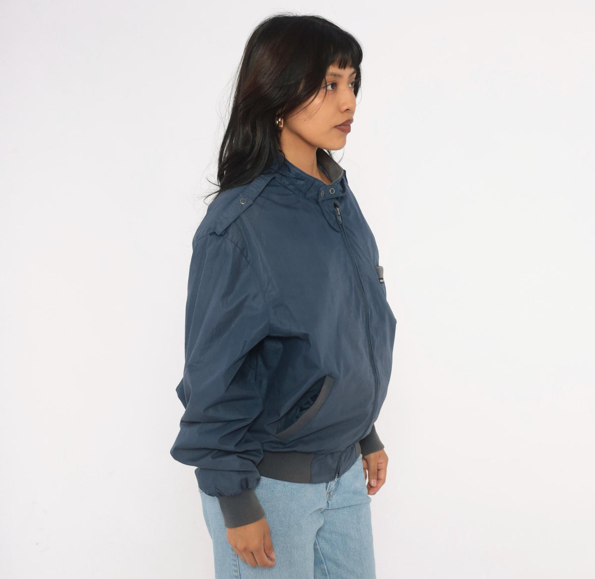 80s Members Only Bomber Jacket Navy Blue Snap Collar Grey Ribbed Trim Medium