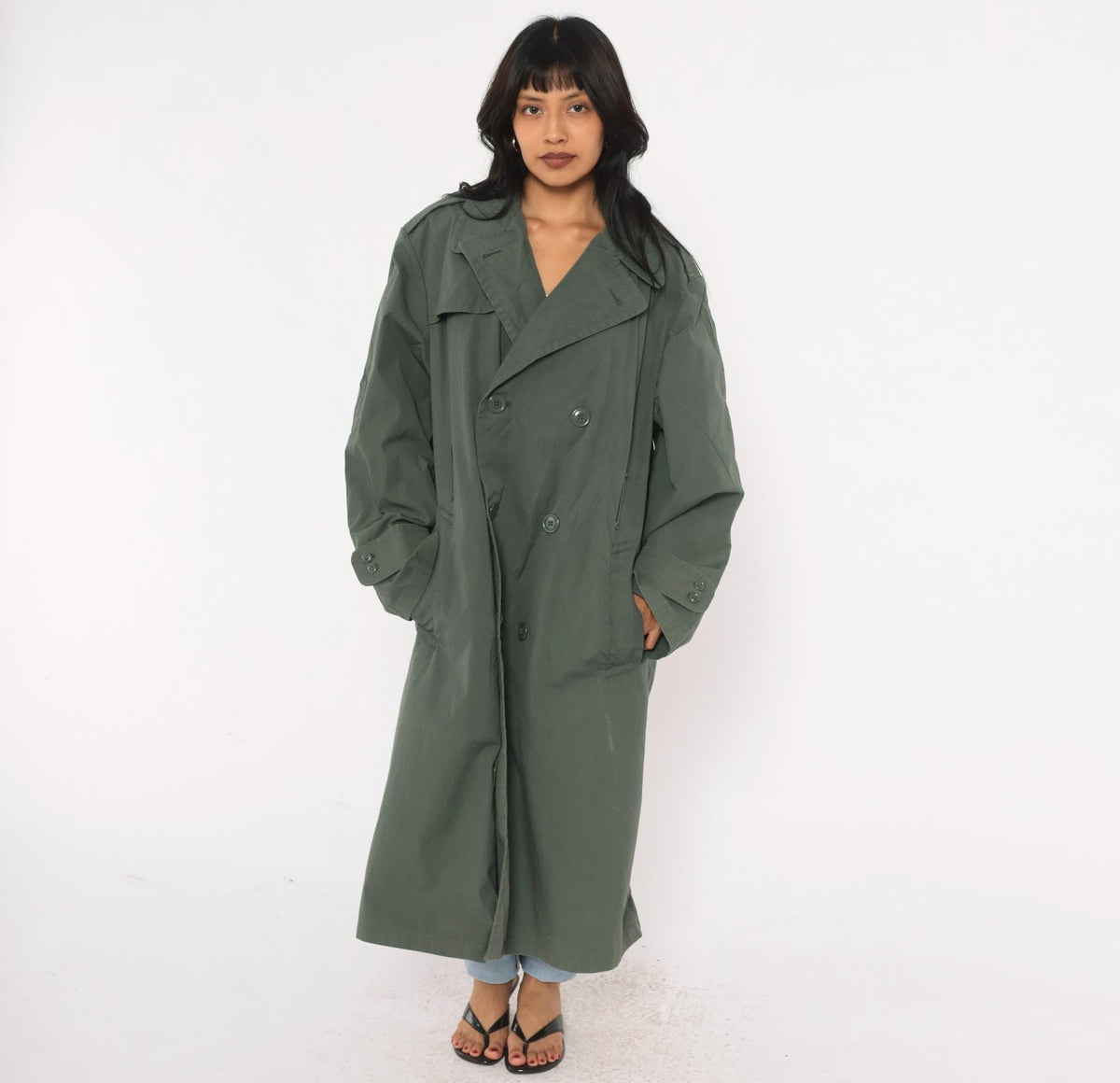 90s Military Trench Coat Grey Olive Double Breasted Long Jacket Medium