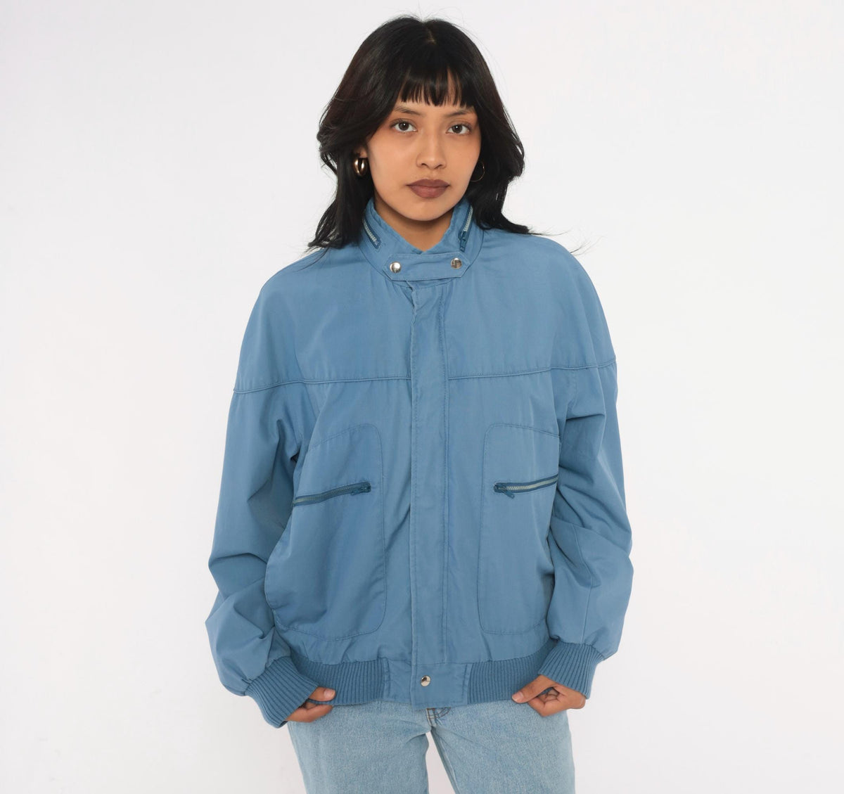 80s Crossings Bomber Jacket Slate Blue Dolman Sleeve Zip Front Medium