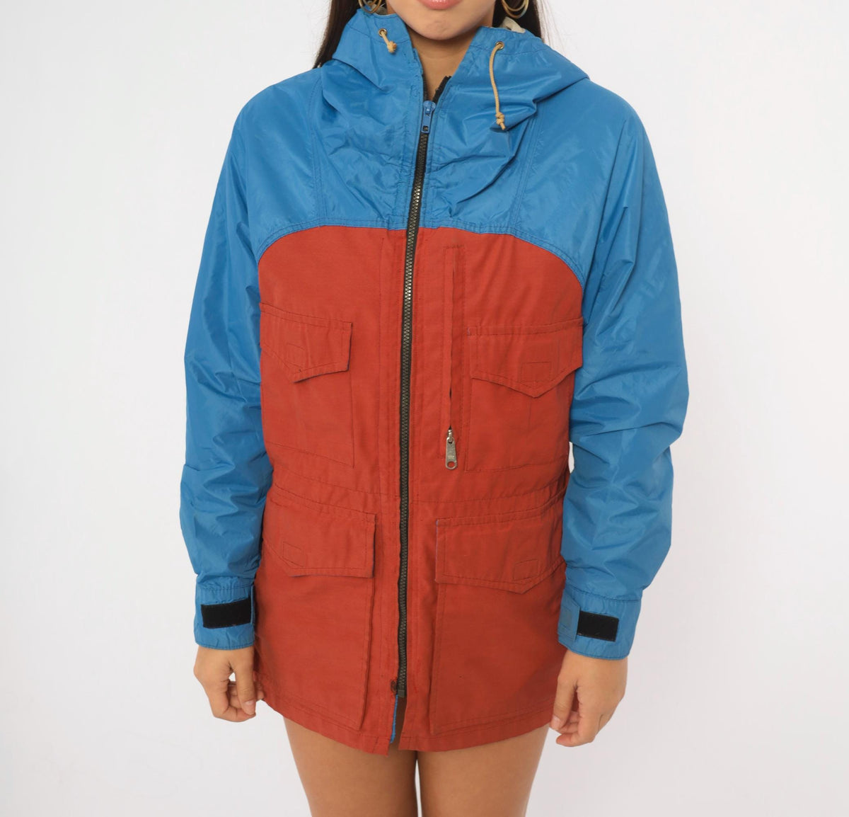80s Jansport Hooded Windbreaker Cobalt Blue Rust Color Block Small
