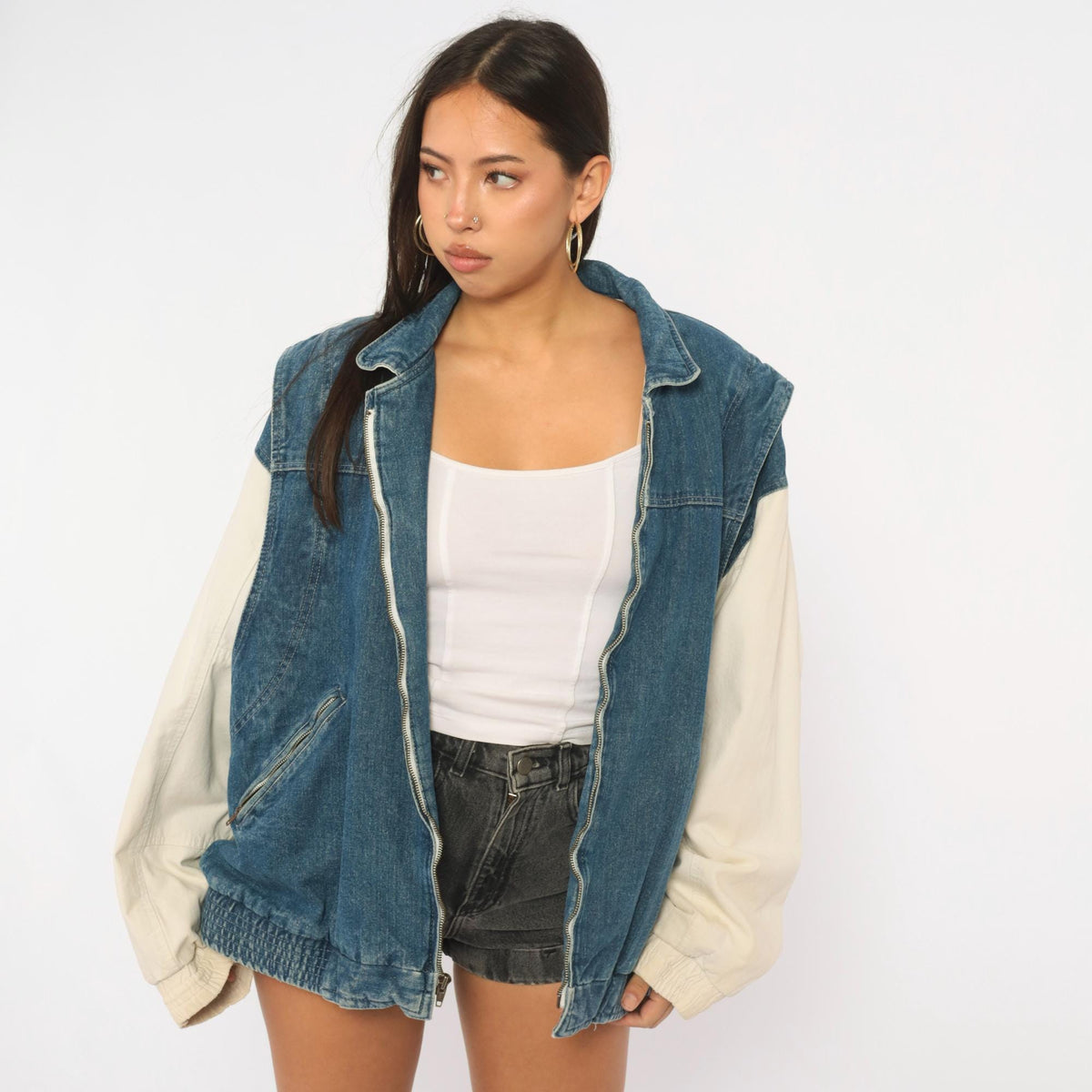 90s Dash Denim Bomber Jacket Blue Cream Color Block Dolman Large