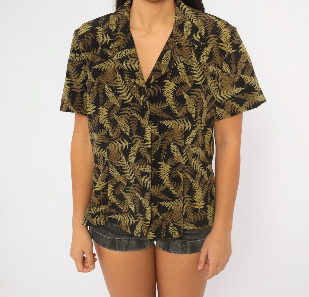 90s Joan Leslie Fern Print Camp Collar Shirt Black Olive Botanical Large L