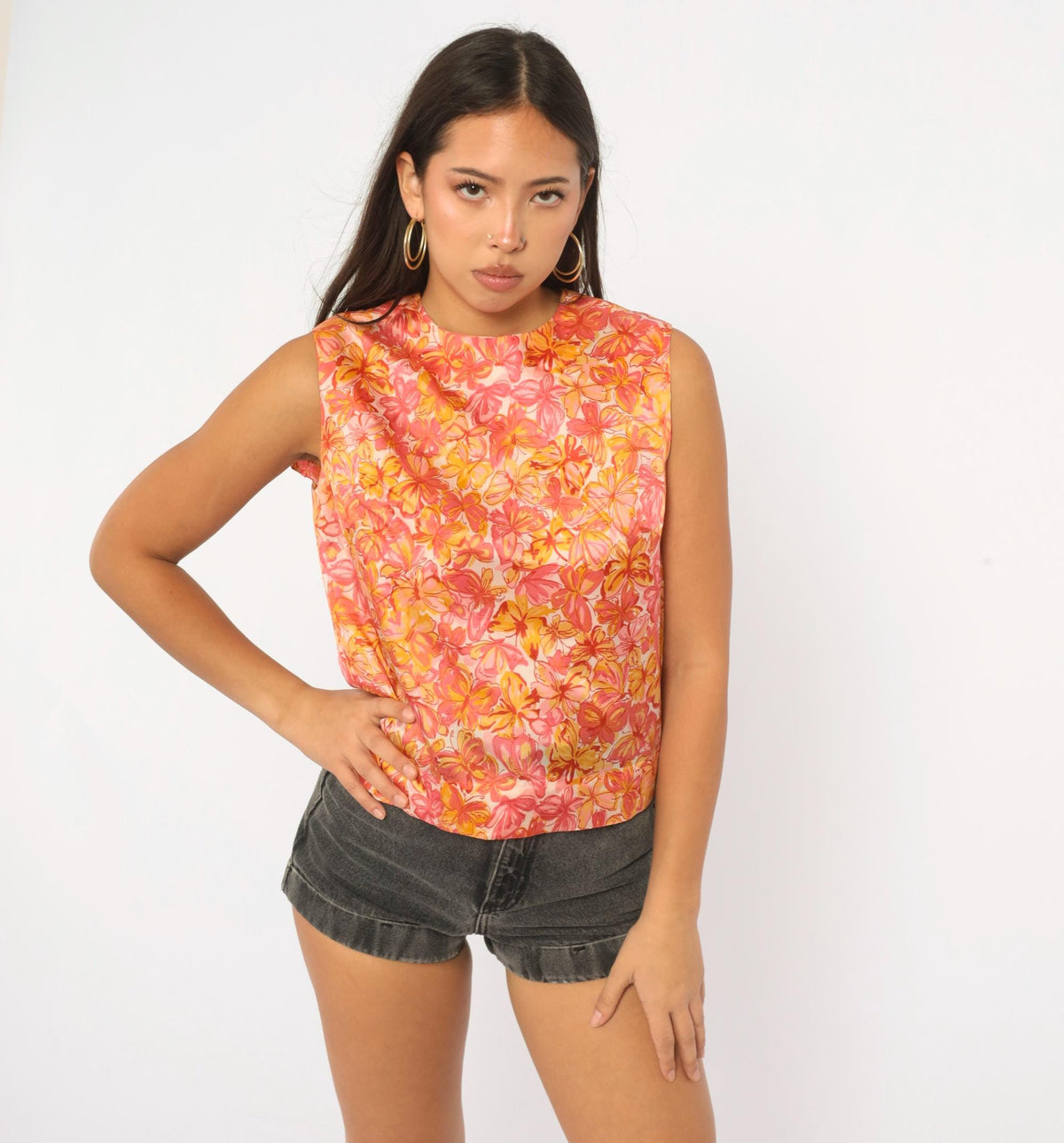 60s Butterfly Floral Sleeveless Blouse White Orange Pink Crew Neck Small