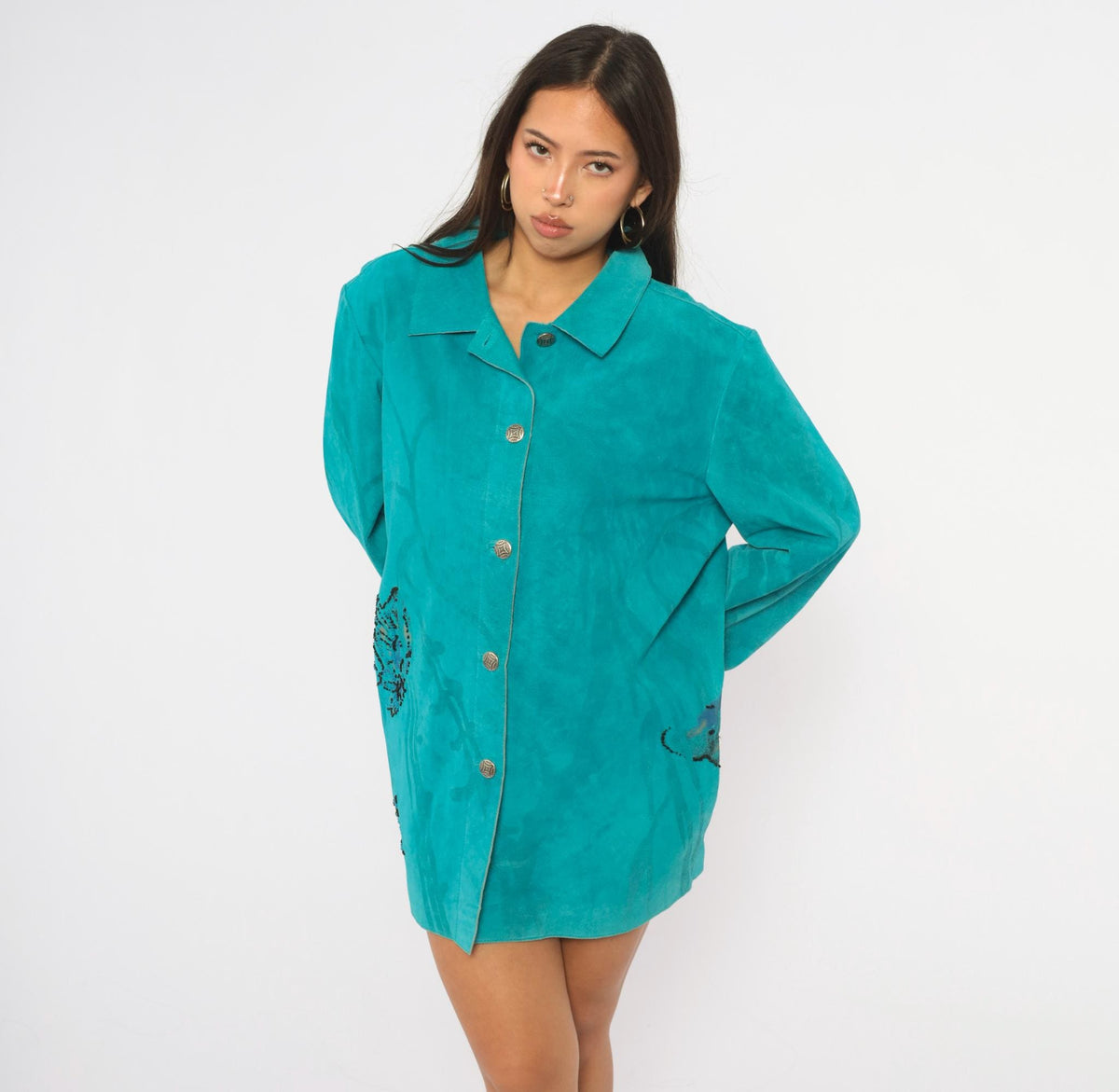90s Chicos Turquoise Suede Jacket Beaded Butterfly Painted Back Large L