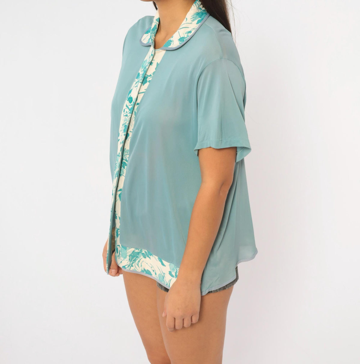 70s Binstron Blue Floral Blouse Peter Pan Collar Button Front Medium