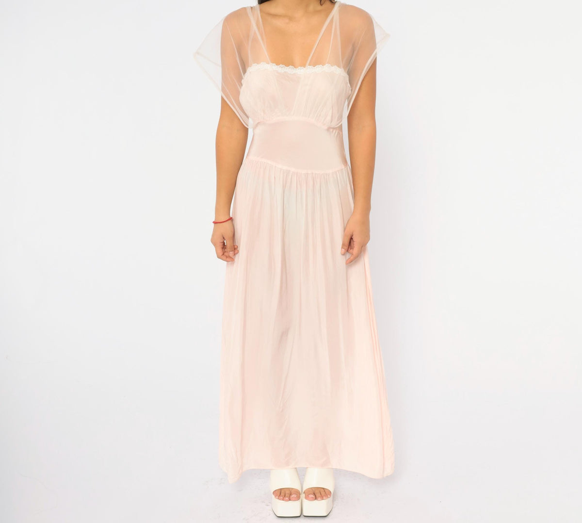 1940s Pink Tulle Nightgown Lace Trim Maxi Slip Dress Cap Sleeve Small