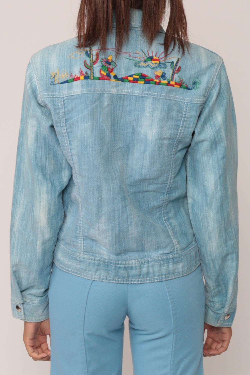70s Embroidered Cactus Denim Jacket Blue Jean Jacket Extra Small