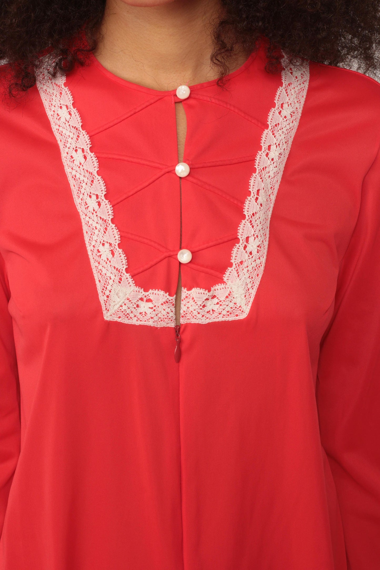 70s Red Nylon Nightgown Lace Trim Mini Slip Dress Large