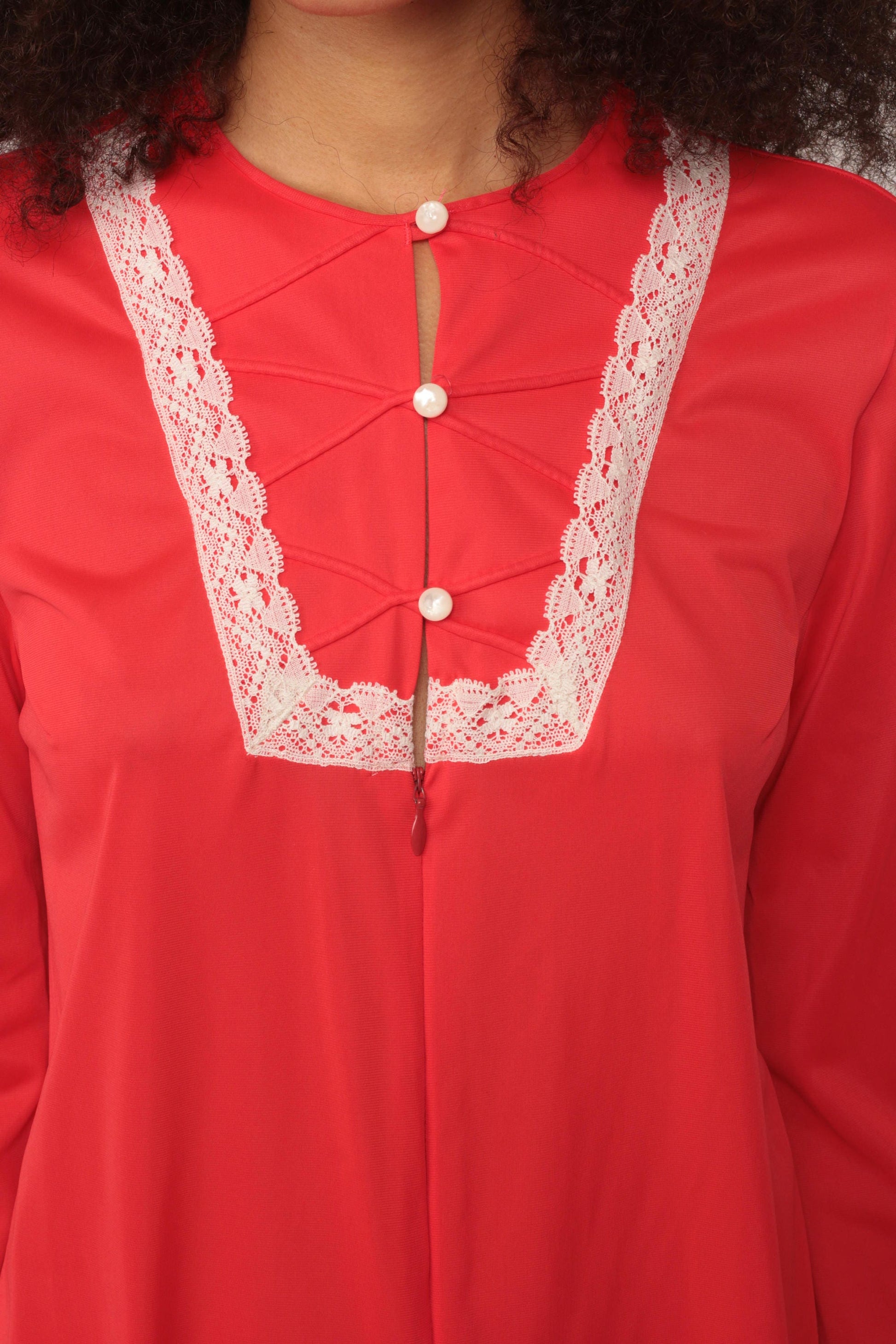70s Red Nylon Nightgown Lace Trim Mini Slip Dress Large