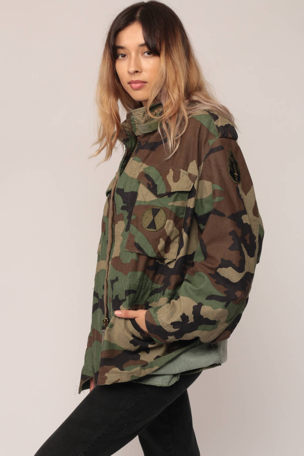 80s Camo Military Jacket Olive Green Brown Cargo Zip Unisex Small