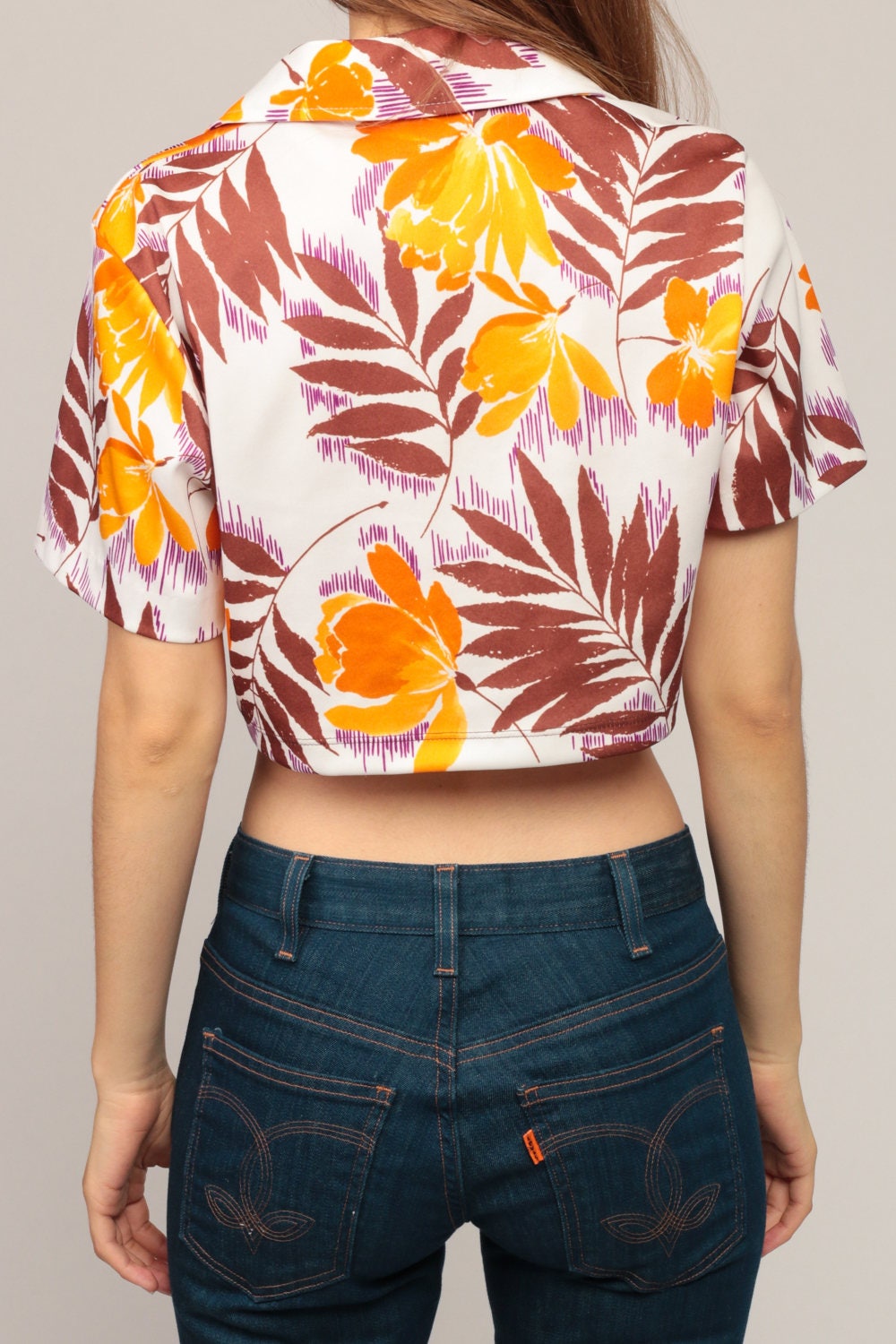 70s Tropical Floral Button-Up Crop Blouse Short Sleeve Small Medium
