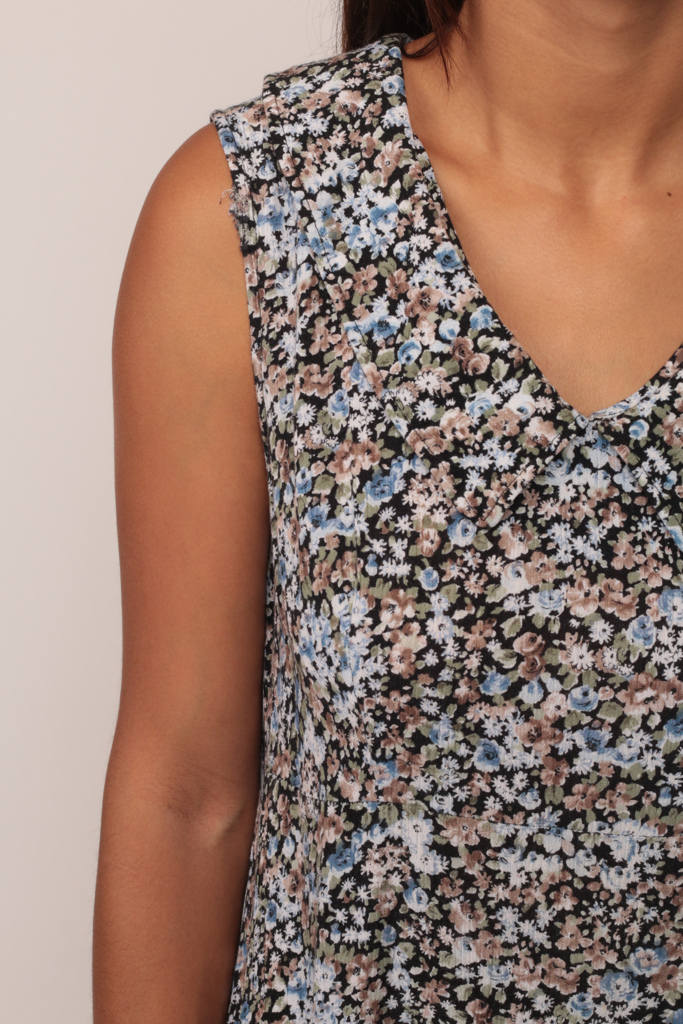 90s Floral Mini Shift Dress Sleeveless Collar Blue Medium Large