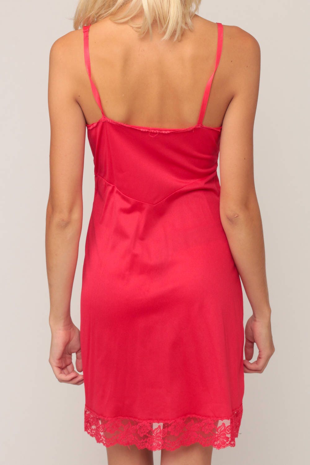 70s Red Lace Slip Dress Mini Nightgown Spaghetti Strap Extra Small