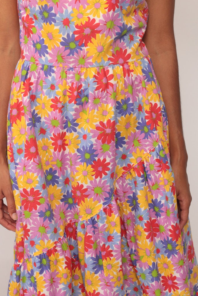70s Lanz Floral One-Shoulder Midi Dress High Waist Pocket Cotton Extra Small