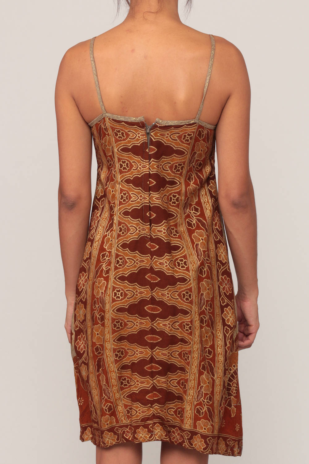 90s Indian Batik Floral Mini Dress Brown Spaghetti Strap Empire Waist Small