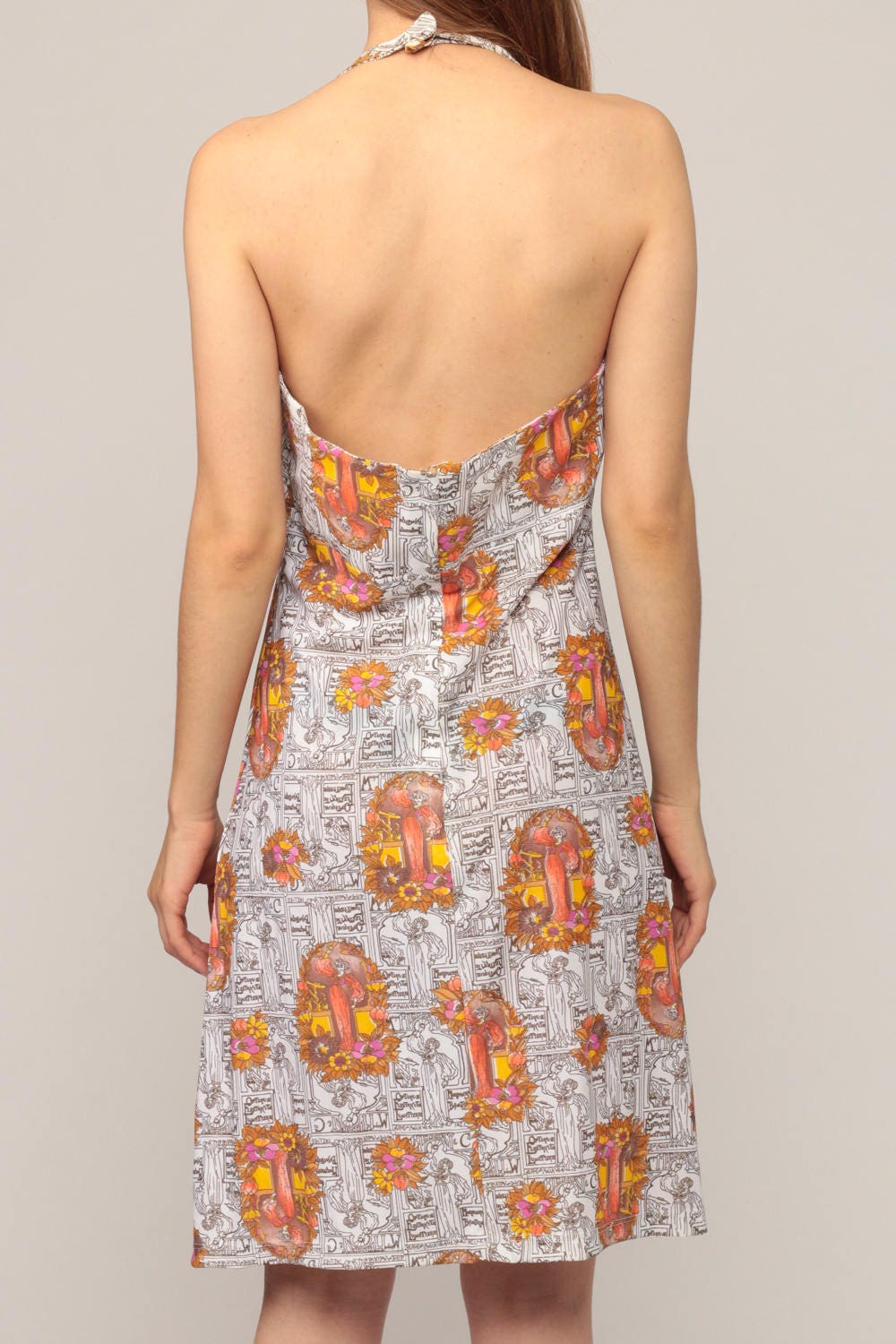 70s Halter Neck Mini Dress Floral Lady Print Deep V Open Back Medium