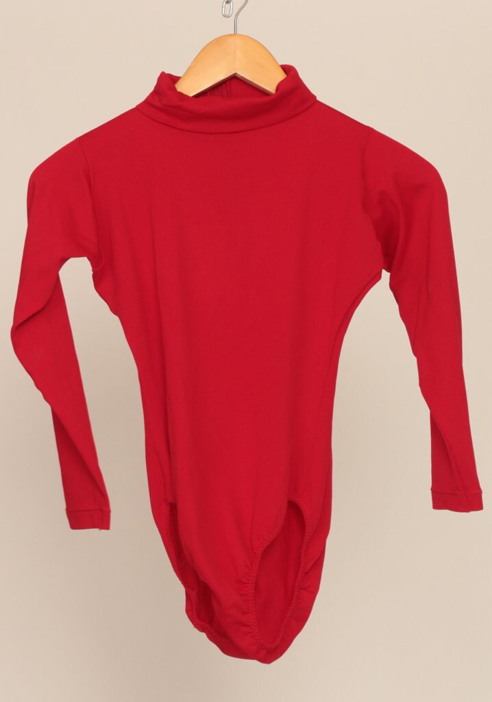 70s Red Turtleneck Bodysuit Long Sleeve Leotard Sheer Small