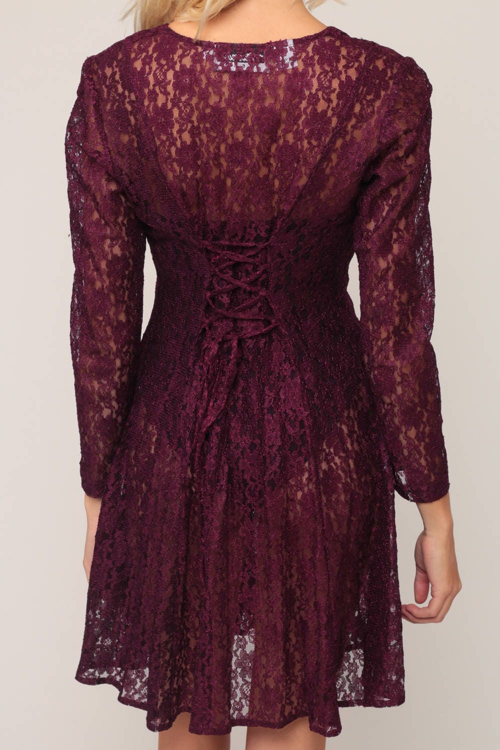90s Purple Lace Mini Dress Button-Up Long Sleeve Sheer Fitted Small