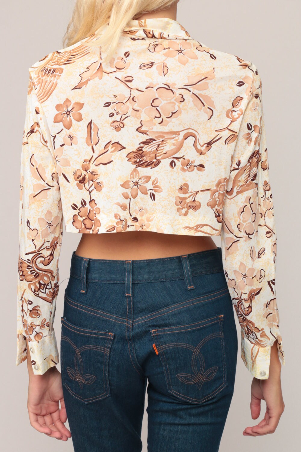 70s Floral Bird Print Blouse Peter Pan Collar Crop Top Long Sleeve Small
