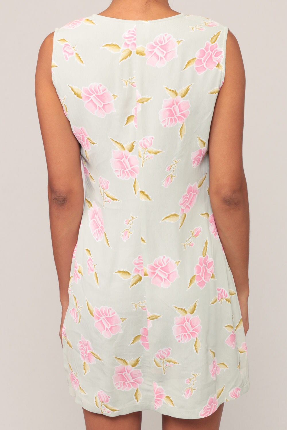 90s Floral Mini Dress Pink Moss Green V-Neck Shift Sundress Extra Small XS