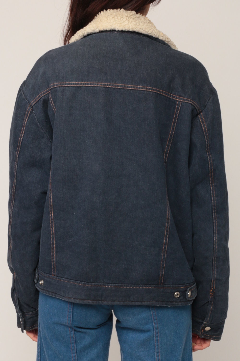 1970s Blue Denim Jacket Faux Shearling Lined Biker Coat Large