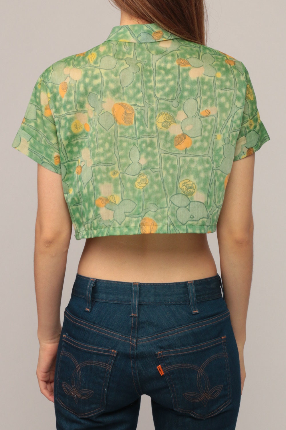 70s Floral Ascot Crop Top Short Sleeve Blouse Green Small Medium