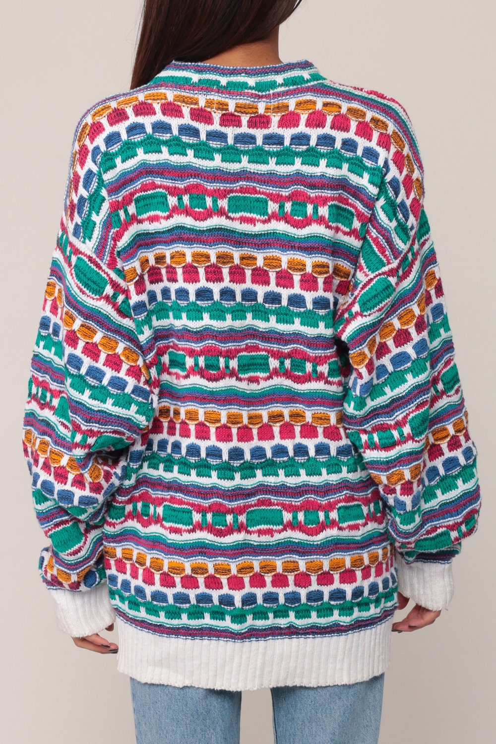 90s Striped Pullover Sweater Geometric Knit Blue Green Pink Large