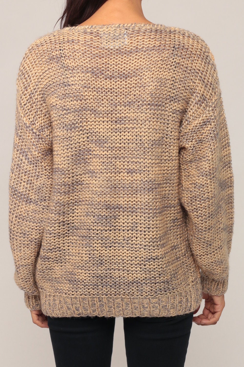 90s Striped X Pullover Sweater Open Weave Knit Grey Tan Medium